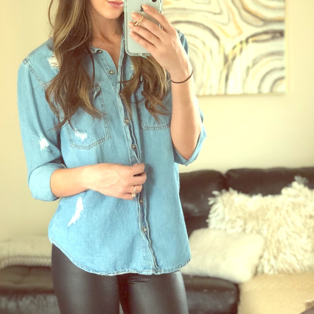 Distressed Denim Button Up